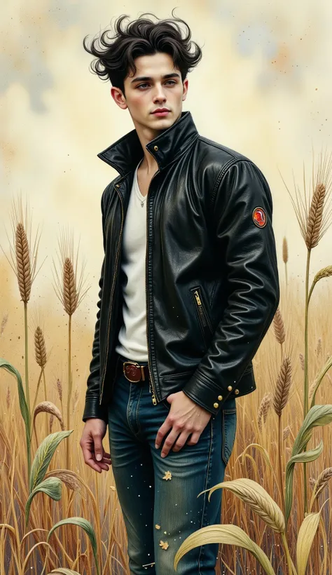 A man from Arafat wearing a leather jacket and jeans standing in a field behind the camera, looking to the side , with sunglasses, and his hands in the pockets of his jeans , in a wheat field, , Digital art of Gabriel Ba , tumblr, Fine Arts, Hedi Slim...