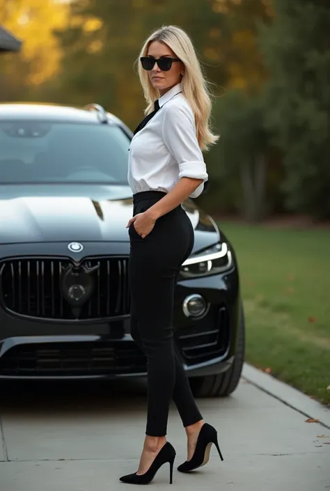 A woman.42 years old.perfect body.blonde hair.very sexy.perfect ass.she wearing a elegant tight black pants.stiletto shoes.white shirt with short tie.a short elegant coat.she stands outside in his yard next to his expensive suv car.picture is from behind.s...