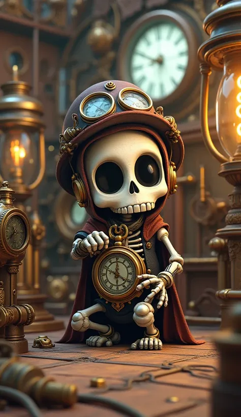  Steampunk 、Skeleton、Steam engine、 cute、gear、airship、 Steampunk ファッション、tool、steam meter、 goggles、Pocket watch、 lantern、 silk hat、 chibi、Squatting、On one knee