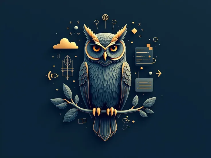  Create a minimalist and elegant image with the theme of wisdom and technology,  centered on an owl as the main subject .  The composition must show the owl interacting with elements associated with the profession of web designer ,  as digital design tools...