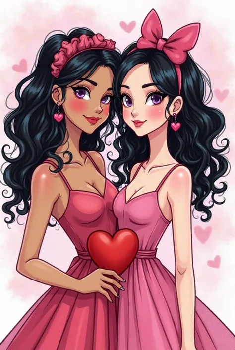  Draw a woman with curly black hair , fair skin and purple-lilac eyes  ao lado de outra mulher que possui cabelos brancos, fair skin and purple-lilac eyes .  Both are dressed in romantic costumes for Valentine's Day .