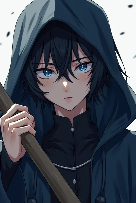 a close up of a person in a hooded robe holding a stick, an anime drawing inspired by Yamagata Hiro, trending on pixiv, shin hanga, black - haired mage, tall anime guy with blue eyes, handsome guy in demon slayer art, male anime character, young anime man,...