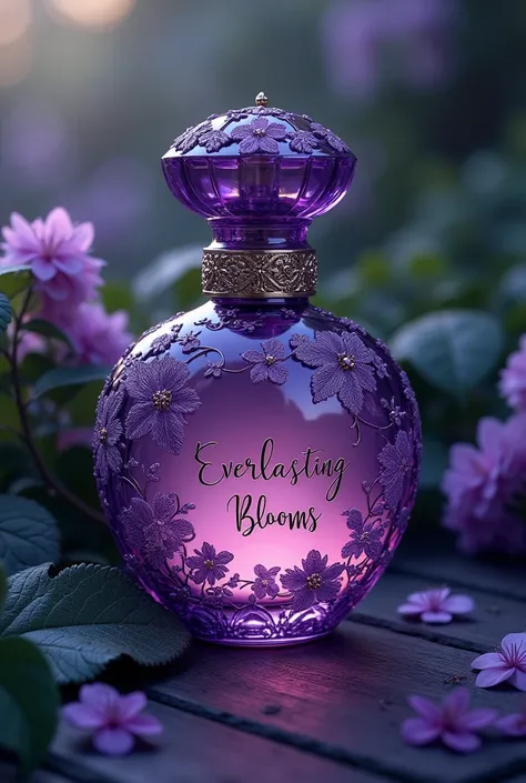 Perfume packaging color purple include the word everlasying blooms