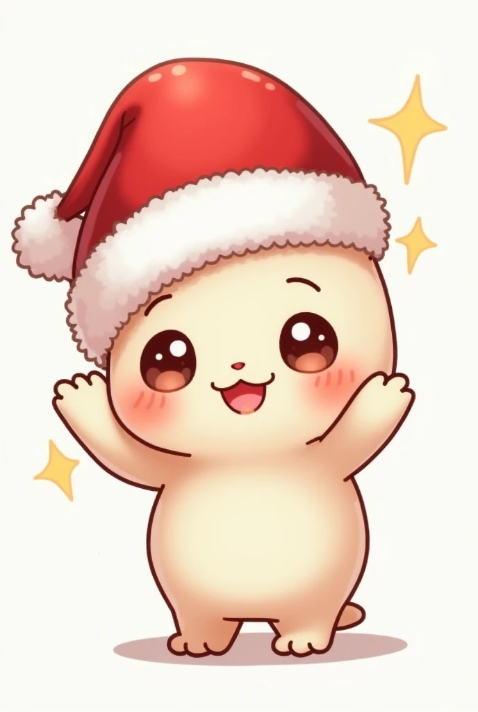 Please make an image, an illustration. A chibi wearing santa hat and he touch his hat on his head