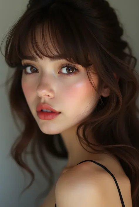 A brunette woman with bangs