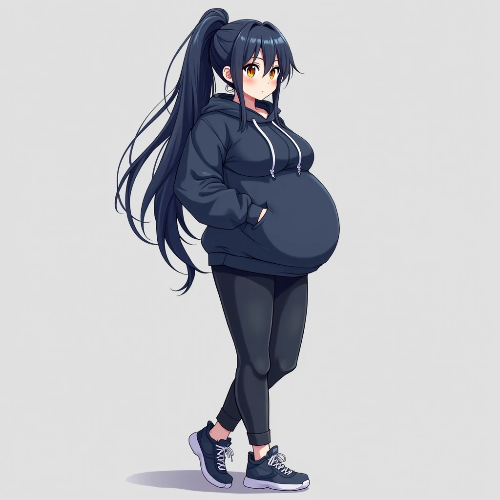 anime girl,long hair,dark blue hair,orange eyes,dark blue hoodie,dark blue thin pants,dark blue sneakers, Anime style,  high definition,big breasts, big breasts , big hyperpregnant girl ,keep your finger on the pulse,hyperpregnant big girl with belly,pregn...