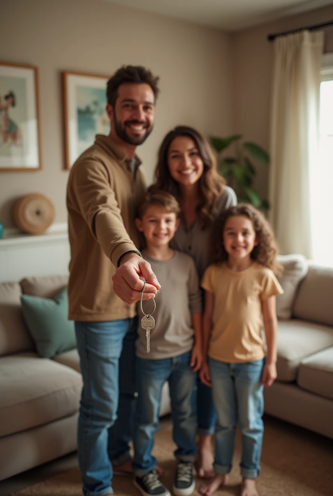 Background scene in the living room of an apartment, with a family holding the keys in their hands , describing a title about project locations, leaving space for other texts 