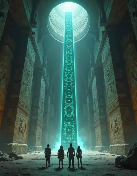 The explorers step into an enormous underground hall, their footsteps echoing in the silence. The walls are covered in massive stone reliefs, depicting scenes of an advanced ancient civilization—towering cities, strange machines, and celestial events. In t...