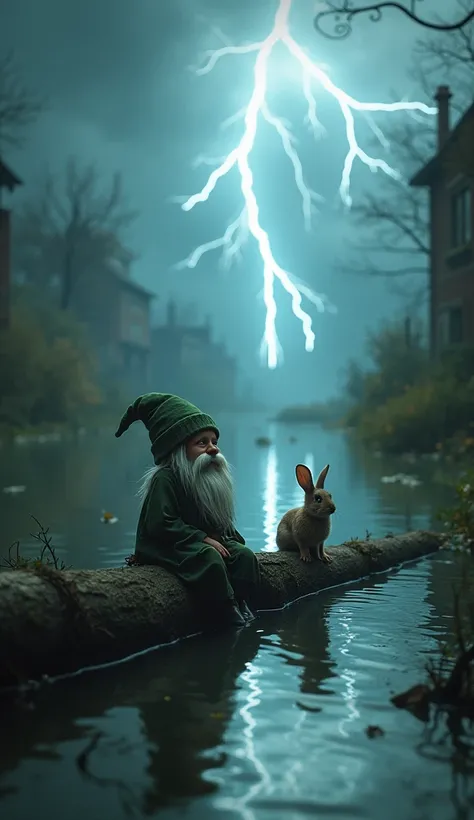 A small  is floating on a log in a canal, and a rabbit is sitting next to him. There is a lot of flooding around, and lightning is flashing in the sky.