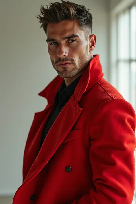 Handsome muscular man, Hyperrealistic red fashion statement for vogue, editorial, brown model.      