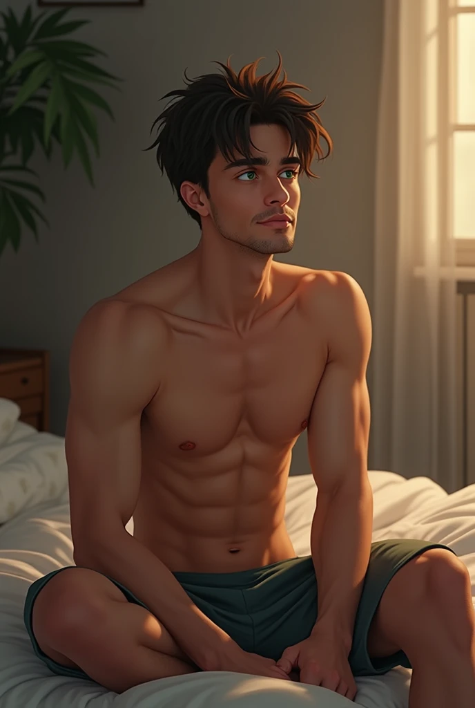 Man 20 years old,  measures 1 ,86 m . He has dark brown hair,  green eyes and is of an athletic build.  a relaxed room environment. Sitting on the edge of the bed .  

