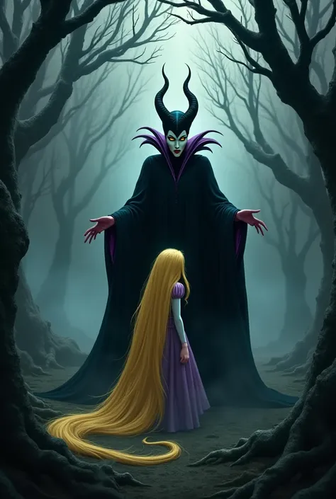 A spooky forest with the Maleficent killing Rapunzel