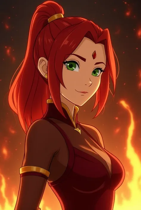 I want a picture with a young woman firebender with a red hair, green eyes, and a style like animated series Avatar the last airbender. This character i want to be in the palace of Fire kingdom, and wear a armor like the character Azula of the seiries, she...