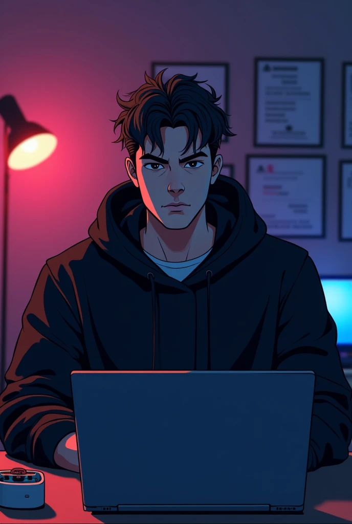 CREATE AN ANIME-FRIENDLY LOOKING MALE BUSINESS CHARACTER WHO APPEARS HANDSOME AND SMART.

HE HAS A GOOD FACE AND A BLACK HOODIE. THE CHARACTER IS SITTING BEHIND HIS LAPTOP IN HIS OFFICE, WITH HIS ARMS ON THE DESK.

IT IS NIGHT, AND THE ROOM FEATURES VOLUME...