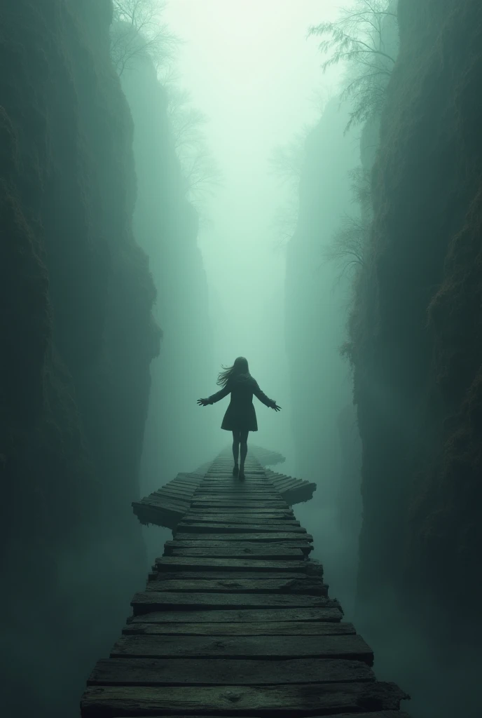 A solitary girl stands at the center of the image, their feet barely touching the last remaining wooden planks of a collapsing bridge. As the structure crumbles into the endless darkness below, their posture shifts—not one of fear, but of quiet acceptance....