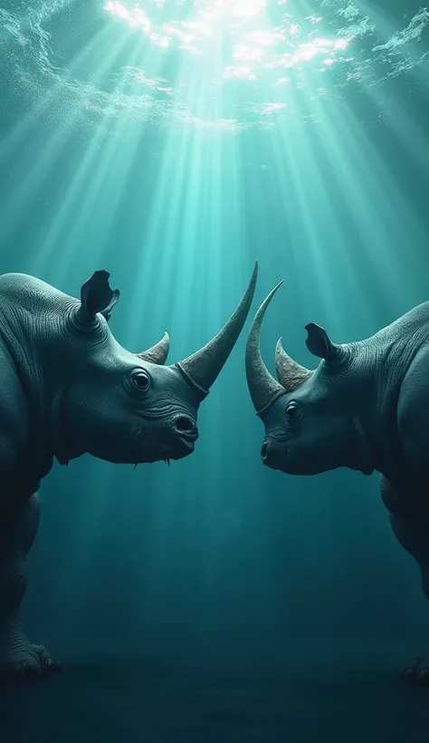 Hyper-realistic, cinematic 8k masterpiece with a full-body profile of a shark and a rhinoceros facing each other in the sea