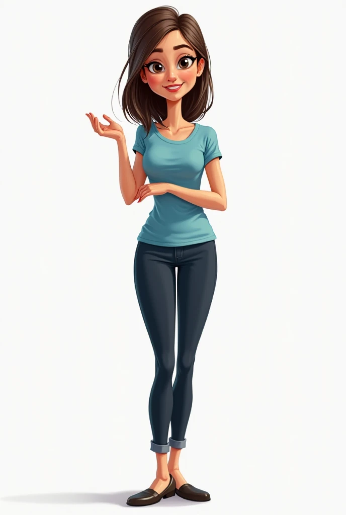  create a female character, teacher,  with the same characteristics in all images : Young, thin,  fair skin , dark brown shoulder-length straight hair,  slightly large nose ,  expressive brown eyes , simple small mouth .  She wears a blue t-shirt , calça p...