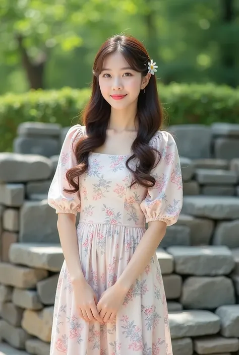 A beautiful young Korean woman in her 20s, with long, wavy brown hair neatly styled, adorned with an elegant hair clip on the right side. She is wearing a pastel floral midi dress with graceful puff sleeves and a square neckline. The dress has thin pleats ...