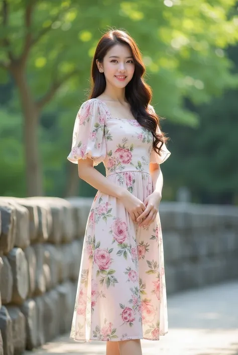 A beautiful young Korean woman in her 20s, with long, wavy brown hair neatly styled, adorned with an elegant hair clip on the right side. She is wearing a pastel floral midi dress with graceful puff sleeves and a square neckline. The dress has thin pleats ...