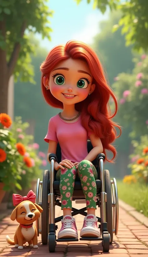 Create a cartoon of a smiling young woman in a wheelchair with green eyes and long hair, ribbon and red hair and printed pants and pink blouse and sneakers in a beautiful garden and a small white-breasted caramel dog on a red collar in Disney Pixar style i...