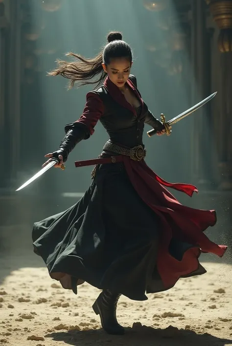 In the arena, a beautiful female assassin with dual swords spins like a top, jumping on the spot and swinging her dual swords., flash, 