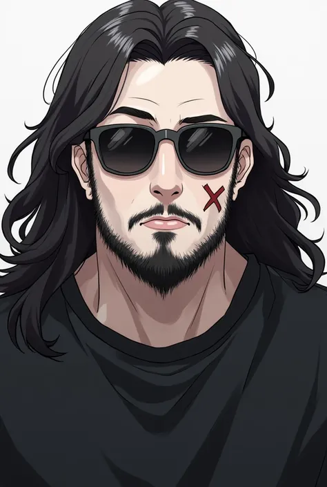 a male person,  Anime style,  slightly overweight,  Long hair, beard, sunglasses, black clothing,  white skin , with an x mark on the right cheek of the face, that the image can only be seen from the head to the chest