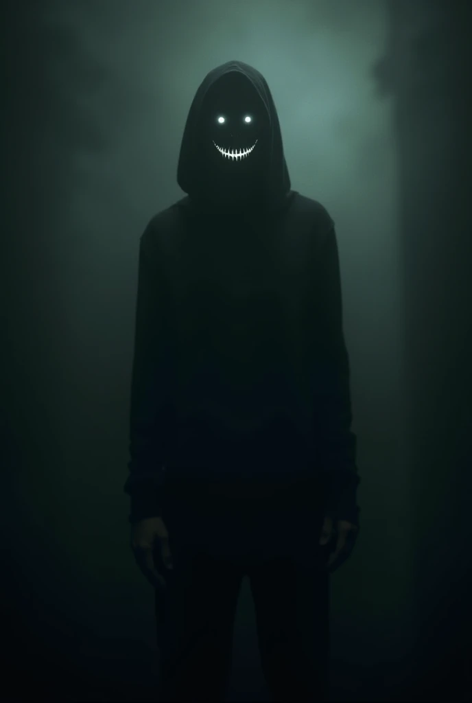 A hunted and horor dark image ghostly, demonic figure standing inches away from its victim, whispering chilling words. Its face is barely visible, but its glowing eyes and eerie smile strike terror into the heart."

