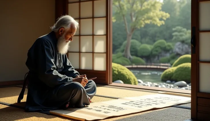 An elderly samurai ,  sitting on a mat inside a traditional Japanese house  (mine).  He is writing the principles of Bushido on a scroll,  with brush and paint . In the background,  a zen garden with rocks ,  moss and a small wooden bridge .  Sunlight gent...