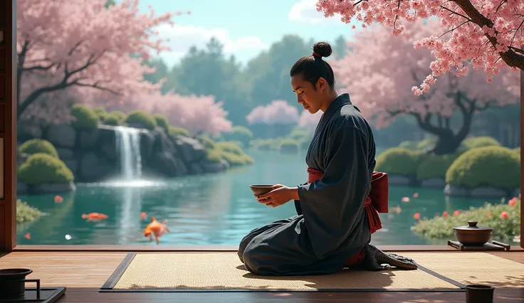  A samurai in a Japanese garden ,  practicing the tea ceremony  (Chanoyu).  He is kneeling on a tatami , holding a bowl of tea  (chawan) With care. In the background,  a tranquil lake with colorful carps and a small waterfall.  The sky is clear ,  with che...