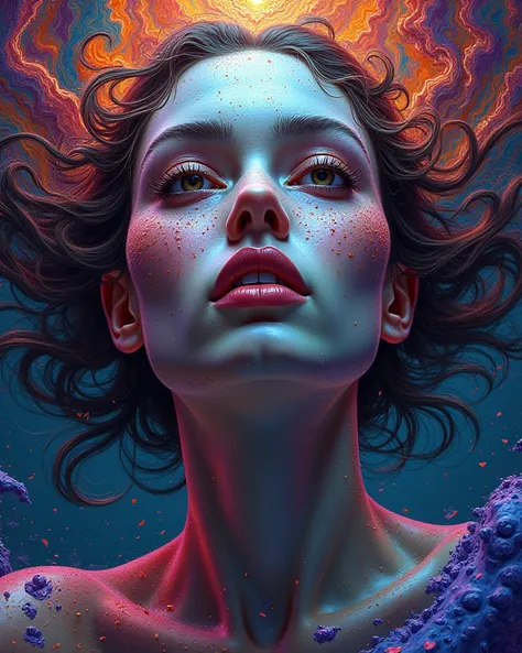 A bust of a woman who awakens in a very psychedelic way. With vibrant colors and gorgeous eyes. 