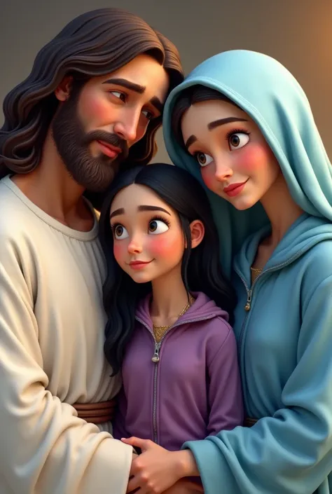 create a pixar-style image of Jesus with his white tunic next to Mary with her light blue tunic and hair covered with the veil of the same color as her tunic and in the middle a girl with long black and smooth hair, with a purple zipped jacket  