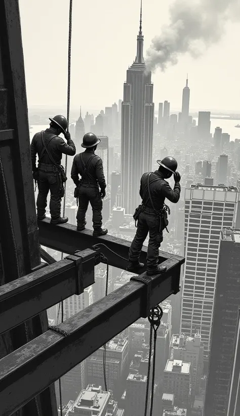 A group of steelworkers high above the New York City skyline, balancing on thin steel beams as they weld a skyscraper frame. The dramatic perspective shows the city stretching far below, filled with smog and rising buildings. One worker wipes his forehead,...