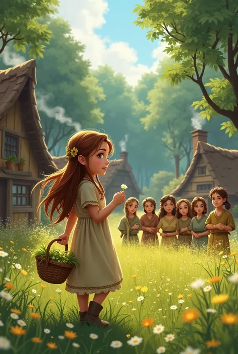  A serene village surrounded by a dense, lush forest. A cheerful girl with long hair, wearing simple clothes, is happily picking wildflowers in a sunlit meadow. The village houses are rustic and cozy, with smoke rising from chimneys.Elara is a young girl i...