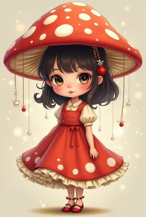 A girl cartoon style with a mushroom hat thats red with white spots and her dress is also like a mushroom and theres pearls hanging from her hat and lights 