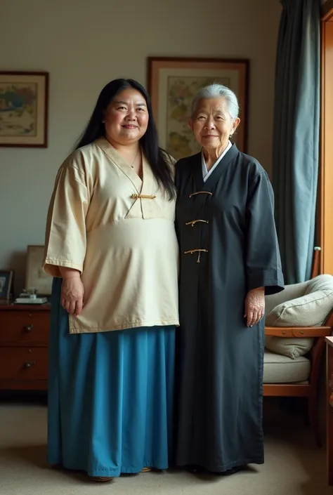  Morbidly obese Korean woman with 1  .  63 meters high ,  38 years old ,It has reached 250 kilos in weight, delicate skin without makeup  ,   very straight black hair and very long jet ,  She wears a typical Korean hanbok in beige and blue colors France  ,...