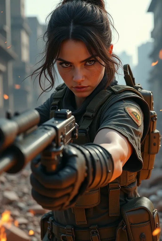 I would like a brunette Free Fire with an mp 40 in her hand 
