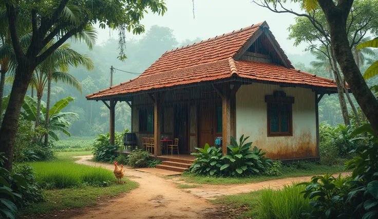  Testp. A traditional Indonesian village house , with wall structure ,  modern walls and red tile roof .  The house stands on the ground with a tiled terrace and is surrounded by dirt roads and lush greenery and there are rice fields and there are banana t...