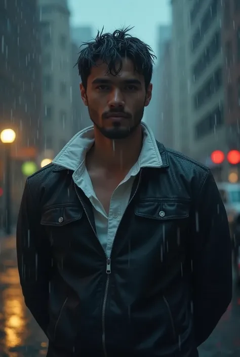 I want you to make me an image of a man similar to the image I just showed you in a fighting position in an urban environment under a torrential rain, Alone. With the front zipper almost closed, revealing the white collar of the shirt 