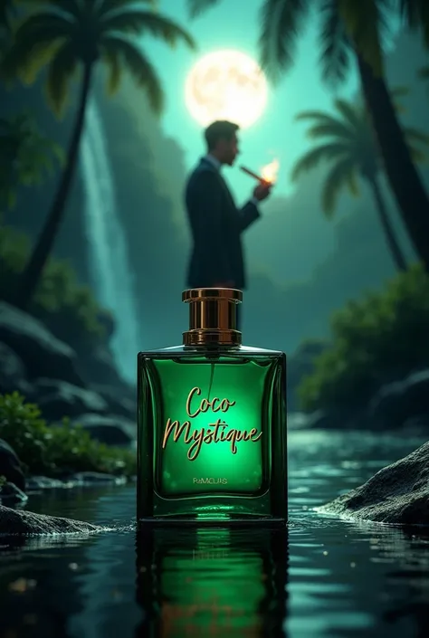 Design a luxurious male perfume named "Coco Mystique". The scene features an elegant, mysterious man standing in the distance, lighting a cigar. The background is an exotic Amazon rainforest with a majestic waterfall, a calm river, and coconut trees gently...