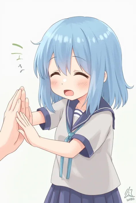 A girl with blue hair in two dimensions, cute, shy, -like, wearing a uniform, feeling a little in a hurry, with her right hand patted, casually greeting each other, and a bob hairstyle