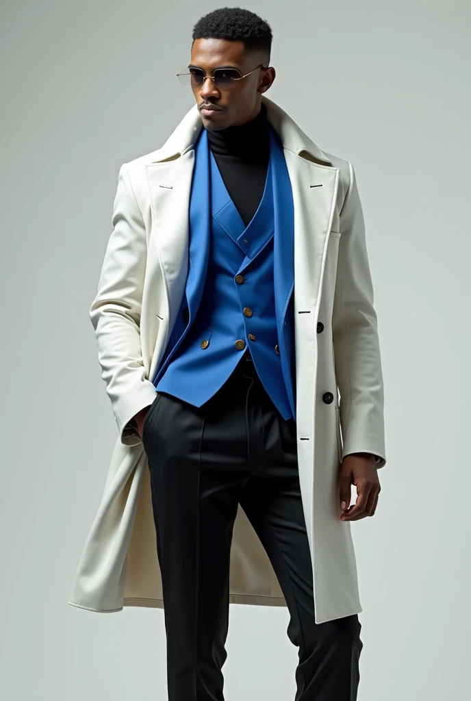 Character wearing black pants black shirt white French coat and blue vest