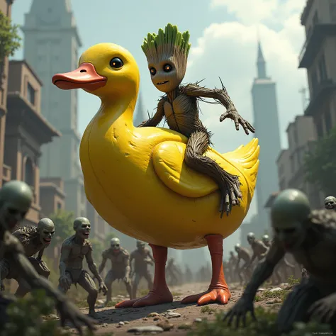 Groot riding yellow duck is in a war with hordes of zombies