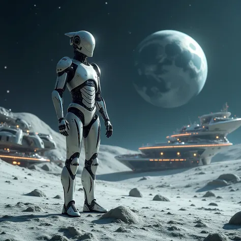 realistic image of artificial intelligence in the form of a futuristic robot, that stands on the surface of the Moon, next to moonlit futuristic colonization buildings.