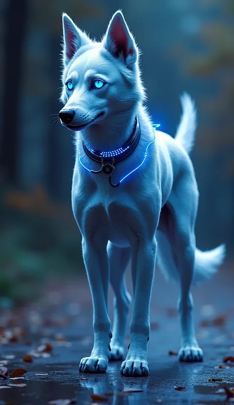 Create a realistic gothic anime image of a Cyberhound (Male Dog, , shiny metallic coat (silver and blue), luminous blue eyes, friendly but determined face, no clothes but with a shiny futuristic collar, long stylized tail, cybernetic enhancement on legs, s...