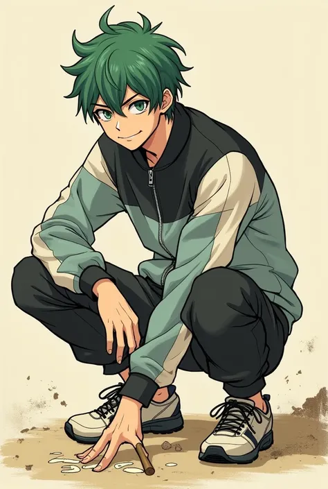 An anime-style illustration of a young man squatting low to the ground with a relaxed yet confident posture. He has short, messy green hair and a mischievous smirk on his face. One hand is resting on his knee while the other is holding a stick, casually dr...