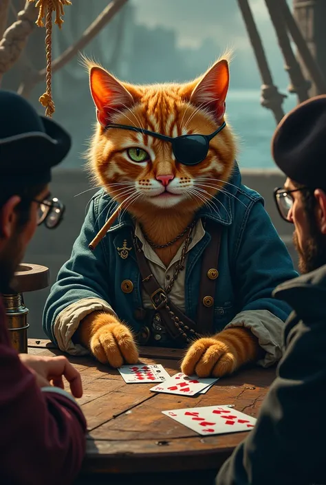 A cat with an eye patch  , Cigar and a vixen smile   , denim jacket and black pants inside a pirate ship with a sword inside a canteen playing cards while betting with thieves