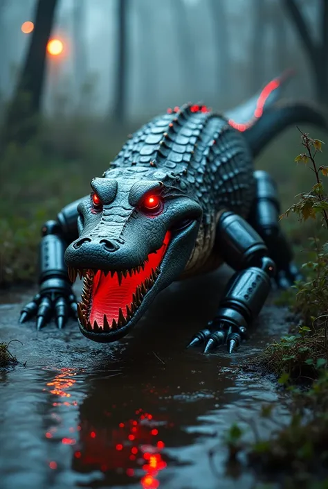 A terrifying fusion of a crocodile and cutting-edge robotics crawls out of the swamp, its metallic body reflecting the eerie glow of neon city lights in the distance. The RoboCroc has armored, steel-plated scales reinforced with titanium, and its jaws, lin...