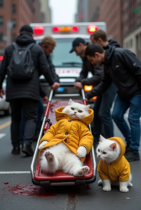 "On the streets of New York City, an ambulance is parked with its red and blue lights flashing. Several people are attempting to lift an unconscious white cat onto a stretcher; the cat, wearing a yellow winter outfit, is bleeding profusely with blood dripp...