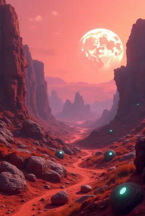 A surreal landscape on Mars ,  with strange rock formations and vibrant colors of red tones ,  oranges and purples .  blouse in the foreground, Bioluminescent alien plants grow in spirals and geometric shapes.  Small bright insect-like creatures move among...