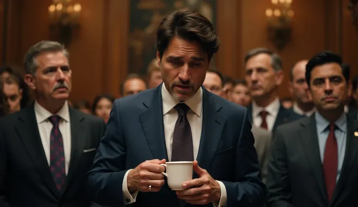 "Ultra-realistic, highly detailed cinematic image of Justin Trudeau in a formal press conference, holding a cup of coffee, (he has just spilled on his suit:1.5), (shocking expressions), awkwardly trying to brush it off while still maintaining his composed ...